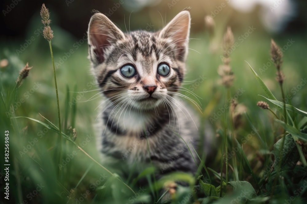 Playing on the lawn with a cute tiny cat. Generative AI Playing on the lawn with a cute tiny cat. Generative AI