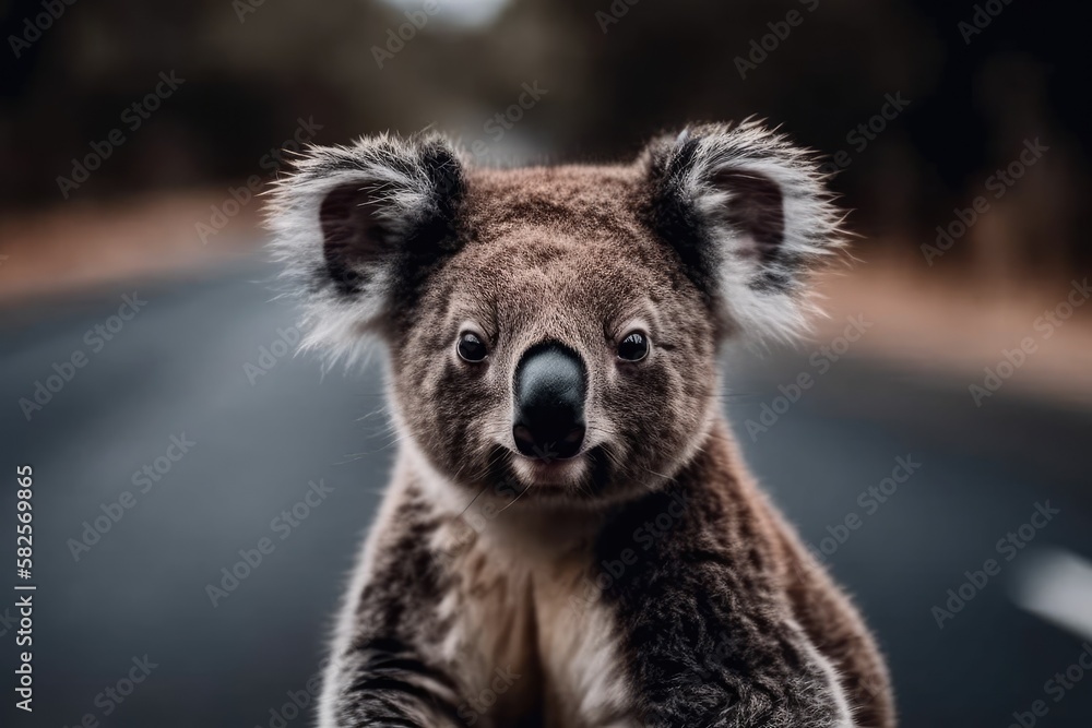 Obraz premium Koala on the road is adorable. Generative AI