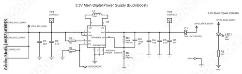 Schematic diagram of electronic device (digital power supply). Vector drawing electrical circuit with diode schottky, resistor, capacitor, led, inductor and other electronic components.