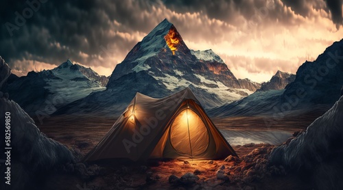 Escape the city: Glowing tent in the tranquil mountainscape