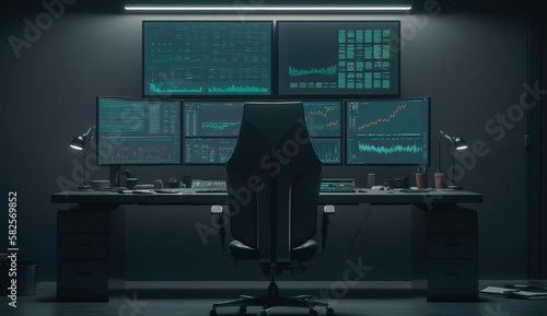 Stockbroker's desktop, stock exchange charts on the monitors,