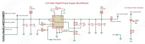 Schematic diagram of electronic device (digital power supply).
Vector drawing electrical circuit with diode schottky, 
resistor, capacitor, led, inductor
and other electronic components.