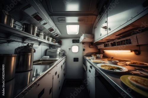 Fotografie, Obraz Aircraft galley and food service. AI generated