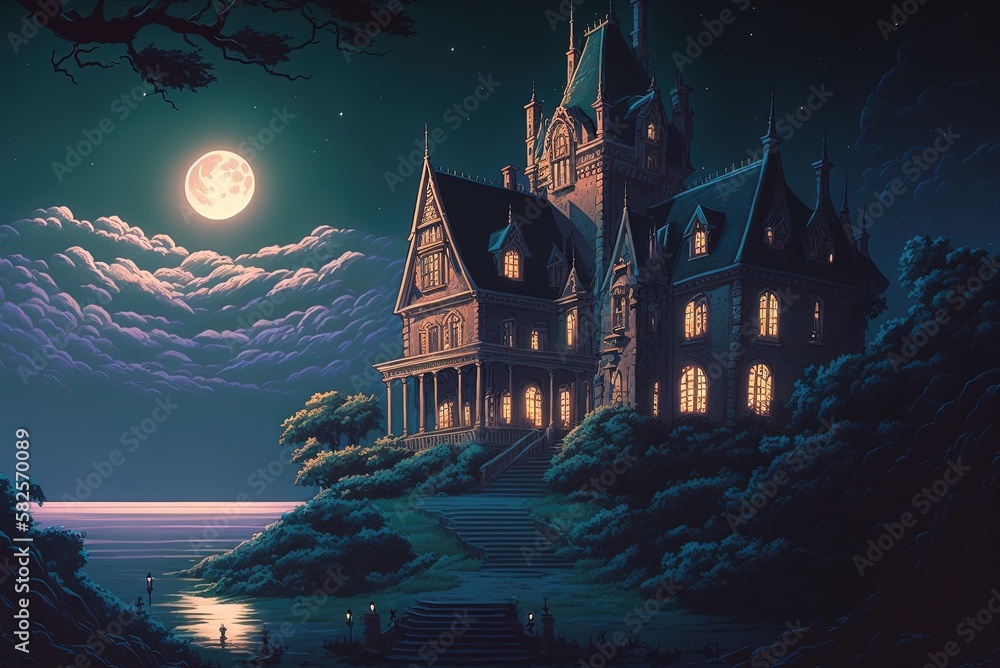 A Creepy House At The Coast At Full Moon. Generative AI illustration