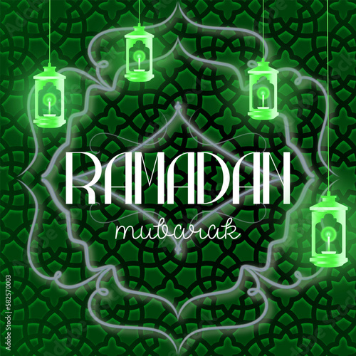 Ramadan Kareem background with moon, stars, lantern, mosque in the clouds. Ramadan mubarak Greeting card, invitation for muslim community. Kadir Gecesi Vector illustration in mono line style. Vector 