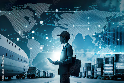 Manager or engineer checks logistics network distribution and logistics customer data on Import export global network background. Transport and logistics concept. AI generated illustration.