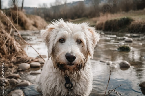 After playing in a stream on a walk, a young dog looks at the camera. Generative AI © AkuAku