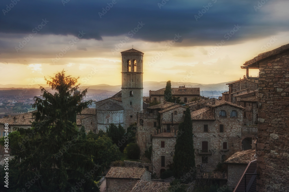 Evening panorama of Assisi, Umbria, Italy. 