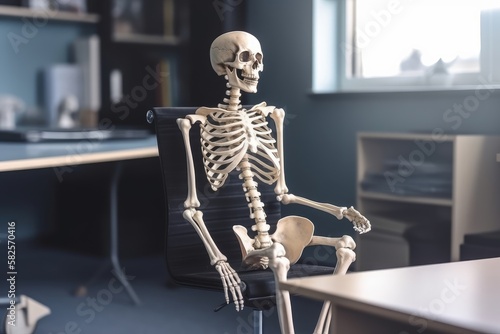 Working to Death: Skeleton in Office Chair Illustration for Office Environment Concept, Generative AI