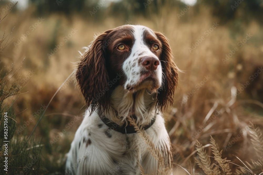 dog in the field is an English Springer Spaniel. Generative AI