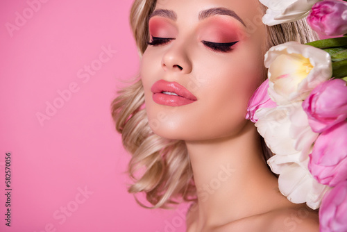 Studio professional photo of gorgeous lady with tulips bunch aroma fragrance perfumery isolated pastel color background