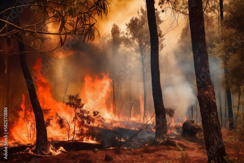 Wildfire that burned a forest, leaving charred trees and smoke in its wake. The impact of global warming in Europe on changing seasons and climate, and the urgent need for action