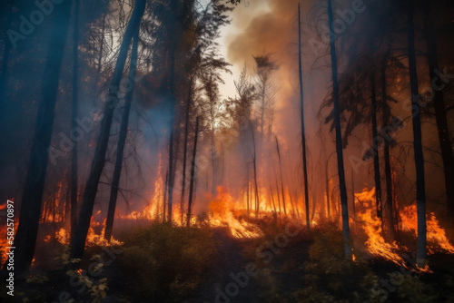 Wildfire that burned a forest, leaving charred trees and smoke in its wake. The impact of global warming in United States on changing seasons and climate, and the urgent need for action. generative ai © Girts