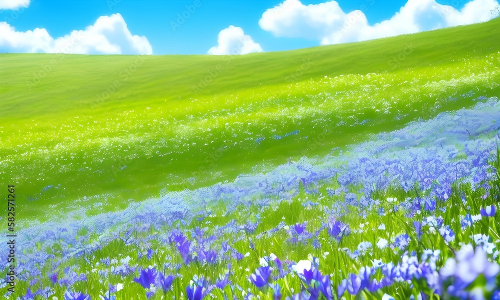 Spring flower field with flowers, sunny day, background picture, beautiful background, fantasy, generated in AI