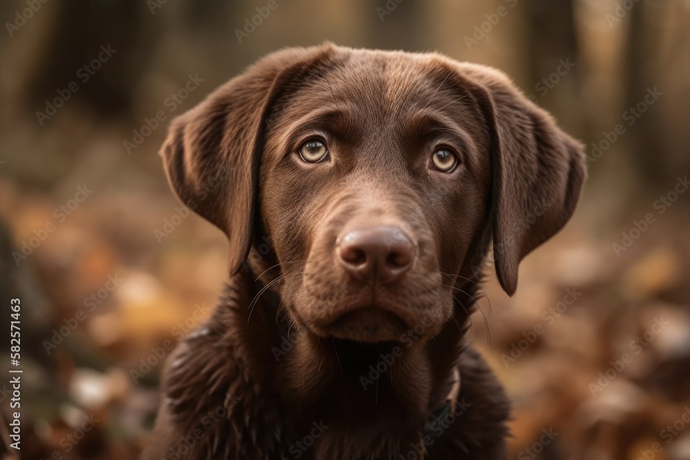 Young brown Labrador puppy portrait taken in an autumnal woodland. Generative AI Young brown Labrador puppy portrait taken in an autumnal woodland. Generative AI