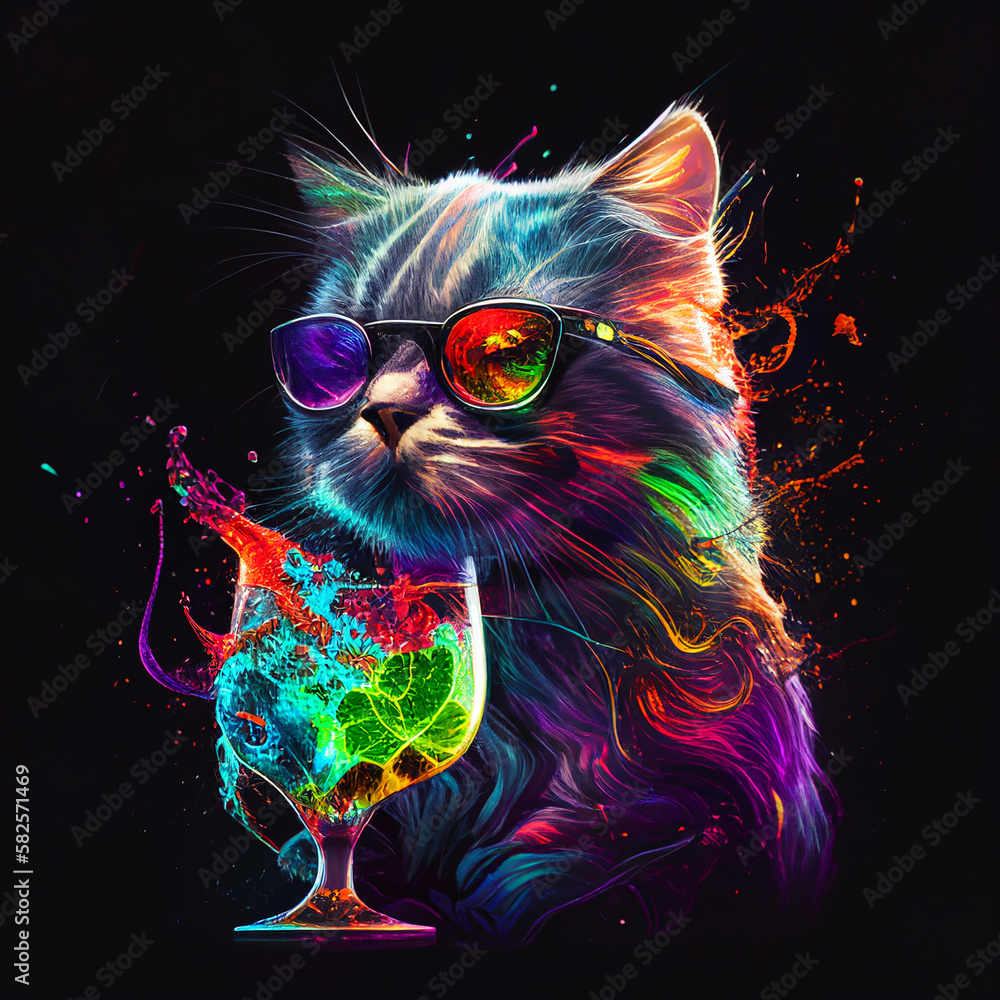 alcoholic cat with glass of cocktail. Generated in AI..