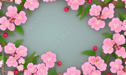 Spring flower border or background pattern with pink cherry blossom  beautiful background  fantasy  generated in AI