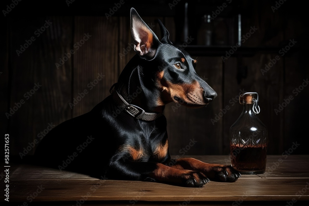 Dog. Seated on a table against the wooden planks as a backdrop. Doberman. A little dog. Miniature Pinscher. Dog in sweater. Dog in proximity to a glass bottle. A dog in the countryside. Photographs of