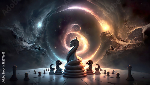 Moving chess piece chess board game ideas and competition and strategy. Unusual chess pieces on the chessboard. Double exposure with esoteric features. AI generated illustration.