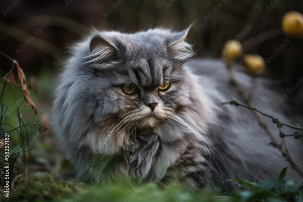 A gray British fluffy cat with yellow eyes plays and eats in the garden. Generative AI