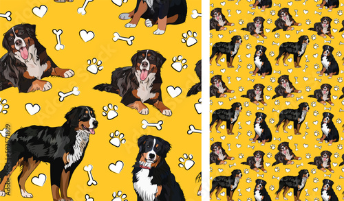 Bernese Mountain dog on a playful yellow background with bones and paws. Funky, colorful vibe, vibrant palette. Simple, clean, modern texture. Summer seamless pattern with dogs. Birthday present. Love