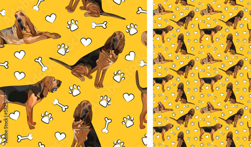 Bloodhound dog on a playful yellow background with bones and paws. Funky, colorful vibe, vibrant palette. Simple, clean, modern texture. Summer seamless pattern with dogs. Birthday present. Valentine.
