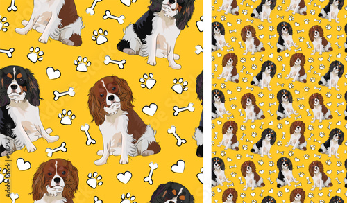 Cavalier king charles spaniel dog on a playful yellow background with bones and paws. Funky, colorful vibe, vibrant palette. Simple, clean, modern texture. Summer seamless pattern with dogs. Birthday 