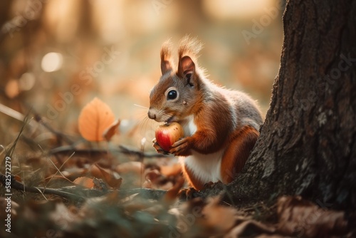 A cute squirrel is consuming fruit from a tree. Generative AI