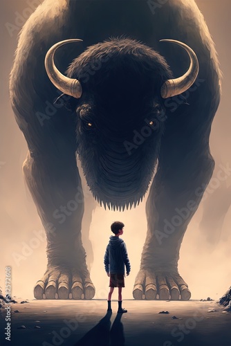A Young Boy Standing In Front of A Giant Bison. Fantasy Concept Generated AI Illustration
