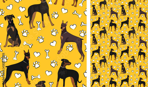 Doberman dog on a playful yellow background with bones and paws. Funky, colorful vibe, vibrant palette. Simple, clean, modern texture. Summer seamless pattern with dogs. Birthday present. Valentine