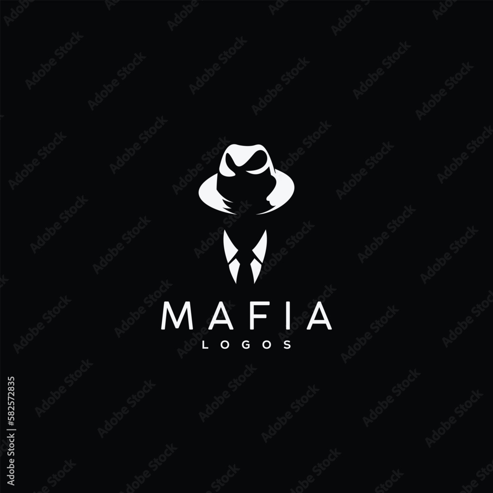 MAFIA logo character silhouette man head in hat. Vintage vector illustration - obrazy, fototapety, plakaty 