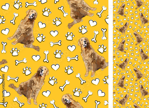 Golden retriever dog on a playful yellow background with bones and paws. Funky, colorful vibe, vibrant palette. Simple, clean, modern texture. Summer seamless pattern with dogs. Birthday present. Love