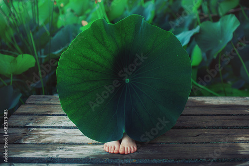 child under a leaf in summer