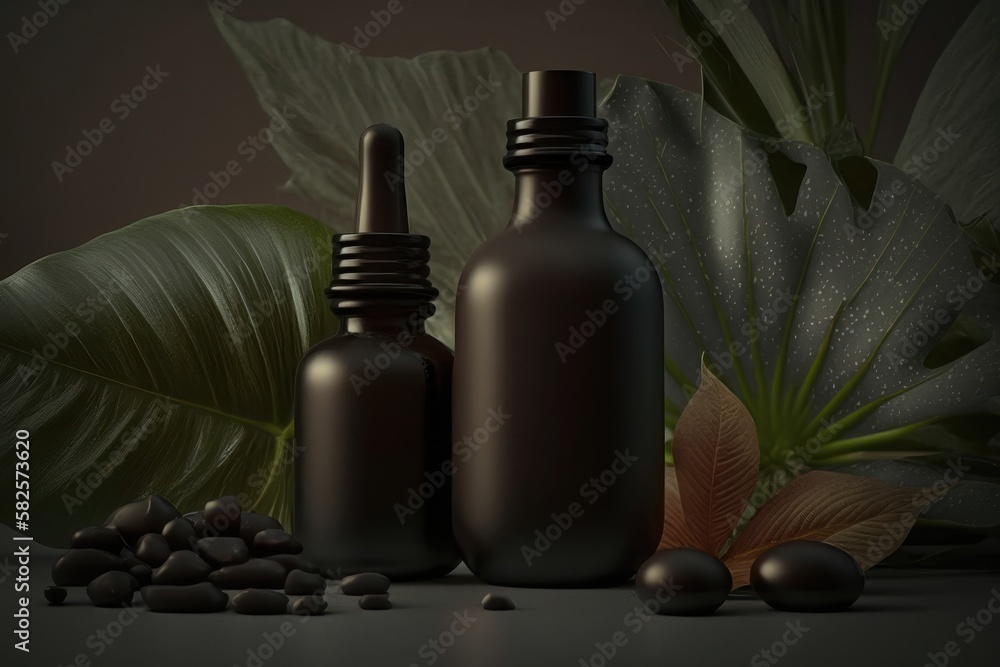 Mockup of glass cosmetic bottles with dropper on beige background with tropical leaves. AI generation Mockup of glass cosmetic bottles with dropper on beige background with tropical leaves. AI generation
