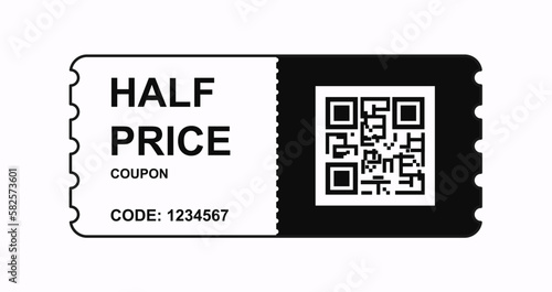 Black and white coupon or ticket. Discount template for half price. Special offer for consumers and clients. Big Sale or Black Friday. Cartoon flat vector illustration isolated on white background