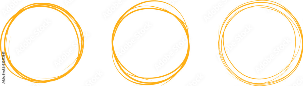 Orange circle line hand drawn set. Highlight hand drawing circle isolated on background. Round handwritten circle. For marking text, note, mark icon, number, marker pen, pencil and text check, vector Orange circle line hand drawn set. Highlight hand drawing circle isolated on background. Round handwritten circle. For marking text, note, mark icon, number, marker pen, pencil and text check, vector