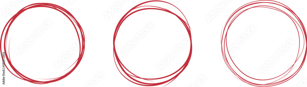 Red circle line hand drawn set. Highlight hand drawing circle isolated on background. Round handwritten circle. For marking text, note, mark icon, number, marker pen, pencil and text check, vector
