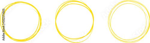 Yellow circle line hand drawn set. Highlight hand drawing circle isolated on background. Round handwritten circle. For marking text, note, mark icon, number, marker pen, pencil and text check, vector
