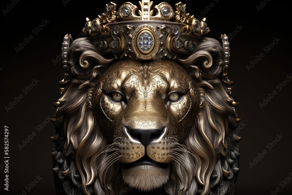 Lion face with diamonds and gold crown. Generative AI. Lion face with diamonds and gold crown. Generative AI.