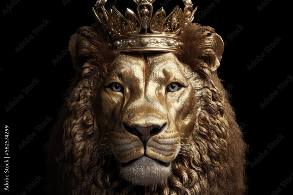 Lion face with diamonds and gold crown. Generative AI. Lion face with diamonds and gold crown. Generative AI.