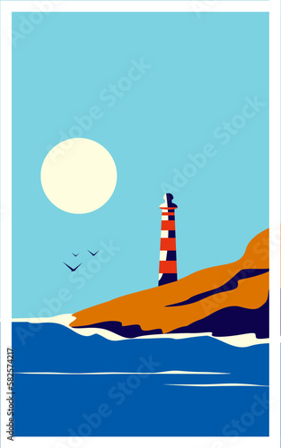 Vector illustration of a lighthouse on the seashore against the backdrop of the sun in retro style.