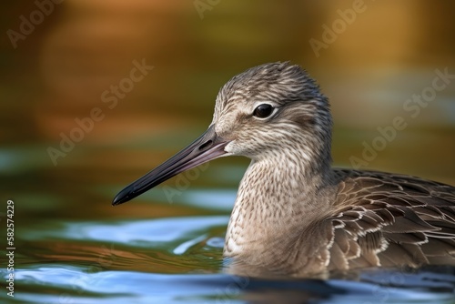 Willet (tringa semipalmata) Portrait and detail in Canada, with a stunning clean and blue lake with a large waterbird. Generative AI