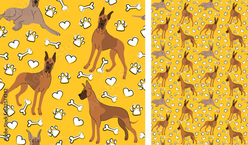 Great Dane dog on a playful yellow background with bones and paws. Funky, colorful vibe, vibrant palette. Simple, clean, modern texture. Summer seamless pattern with dogs. Birthday present. Valentine
