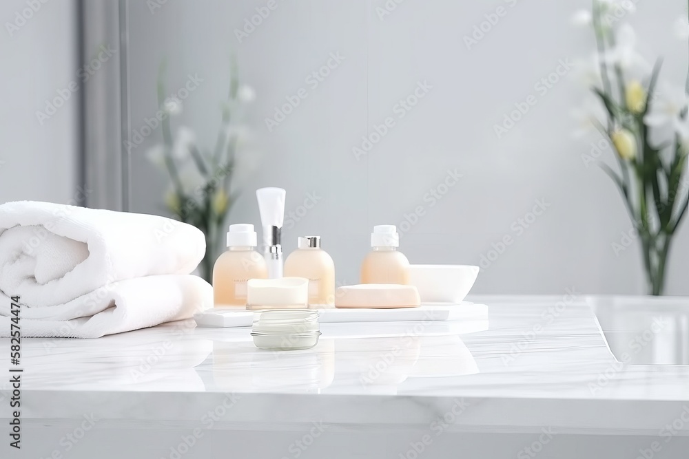 Empty Marble Table Top in White Bathroom/SPA Interior for Product Display with Blurred Background, Generative AI Empty Marble Table Top in White Bathroom/SPA Interior for Product Display with Blurred Background, Generative AI