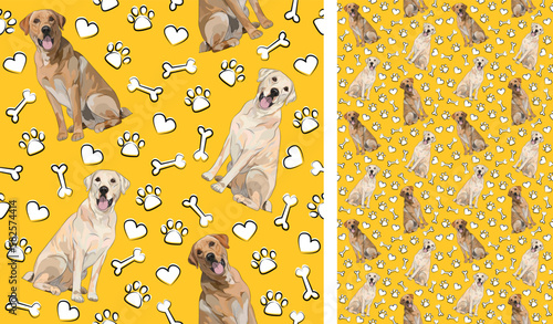 Labrador dog on a playful yellow background with bones and paws. Funky, colorful vibe, vibrant palette. Simple, clean, modern texture. Summer seamless pattern with dogs.Birthday present.Valentine,love