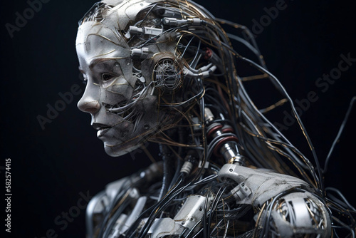 AI robot woman with mechanical wires and tubes   profile. generative Ai technology