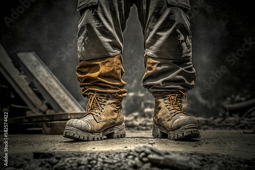 Worker wearing protective shoes at construction site. Working safety boots for protection accident in factory. Created with Generative AI photo