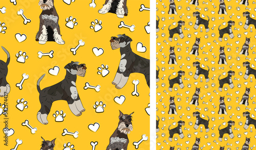 Miniature Schnauzer dog on a playful yellow background with bones and paws. Funky, colorful vibe, vibrant palette. Simple, clean, modern texture. Summer seamless pattern with dogs. Birthday present.