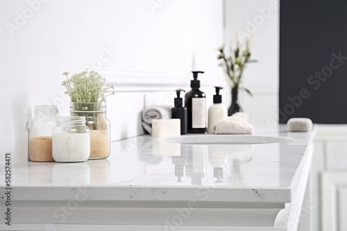 Empty Marble Table Top in White Bathroom/SPA Interior for Product Display with Blurred Background, Generative AI