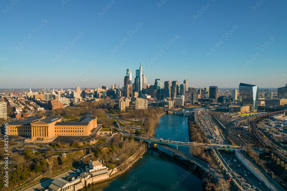 Philadelphia Skyline from a drone near Art Museum